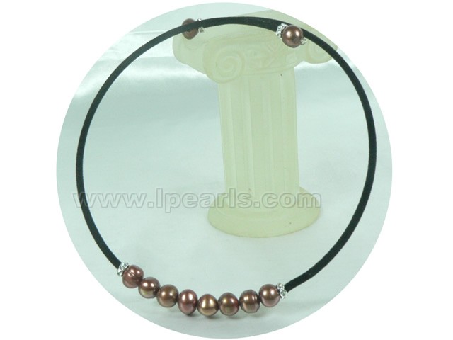 8-9mm coffee potato freshwater pearl necklace with black leather