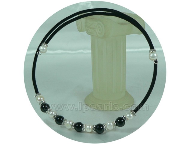7-8mm white potato freshwater pearl leather necklace