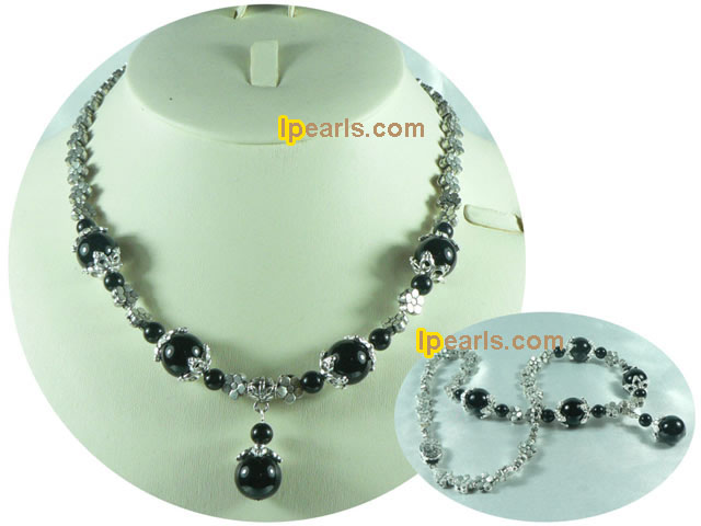black agate with plated silver accessories necklace