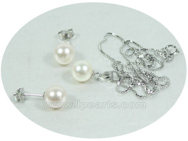 7.5-8mm white round salt water pearl pendant necklace earrings s