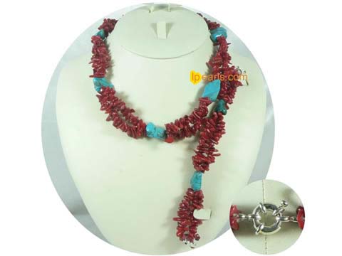 red coral necklace and bracelet set with irregular turquoise