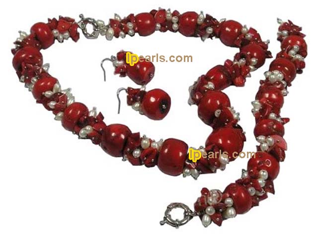 red coral necklace and earrings set freshwater pearl