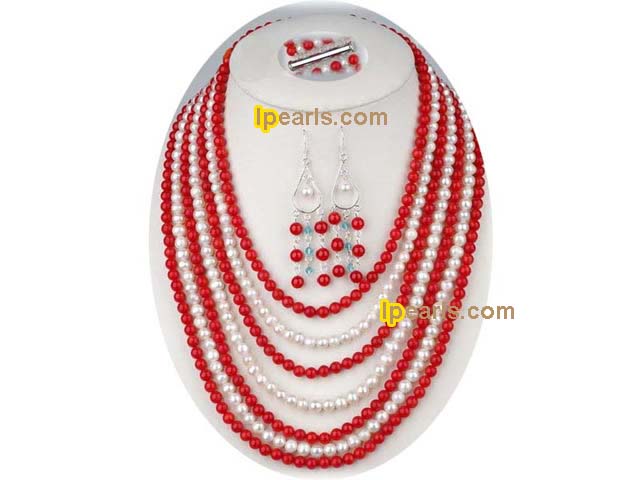 seven strands red round coral necklace and earring set