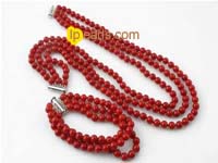 6mm round Red coral necklace jewelry set in triple strand