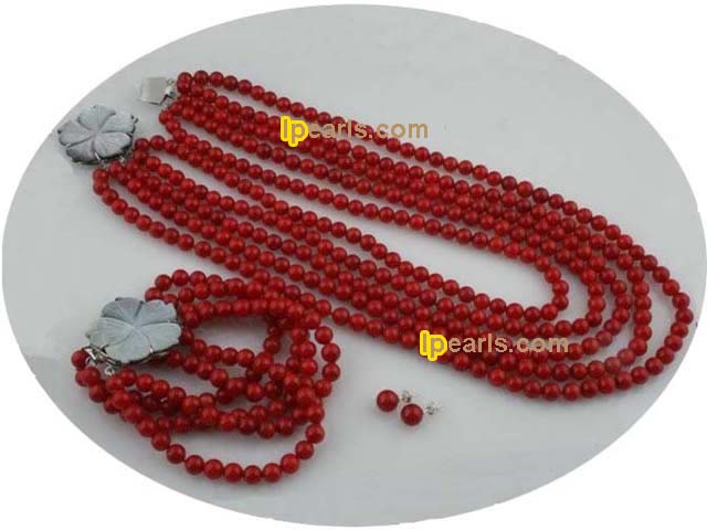 Elegant Five rows 6mm round Red coral necklace jewelry set