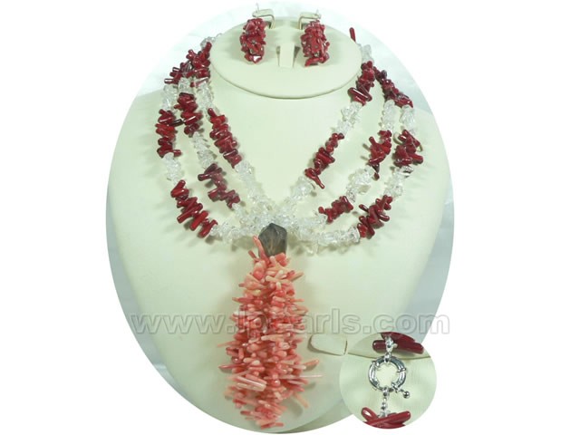 three strands branch red coral necklace and earrings jewelry set