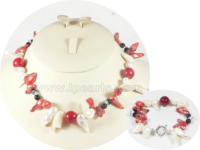 8-9mm blister pearl and 14mm red round coral jewelry sets