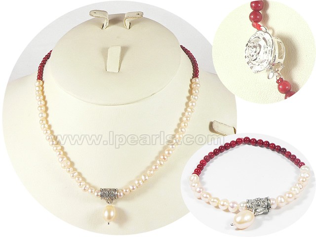 8-9mm blister pearl and 3.5mm red round coral jewelry sets