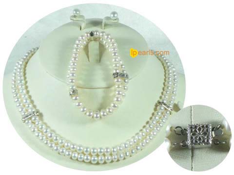 double rows 6-7mm white bread freshwater pearl necklace and stre
