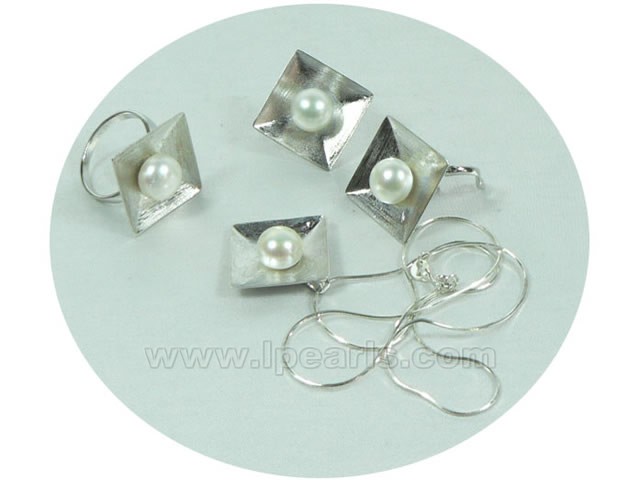 square design sterling silver 9.5-10mm bread pearl set