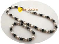 wholesale black agate and cultured Pearl Necklace jewelry set