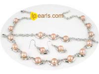 heart pattern necklace set with pink bread pearl