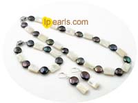 9-10mm black freshwater coin pearl jewelry set with shell pearl
