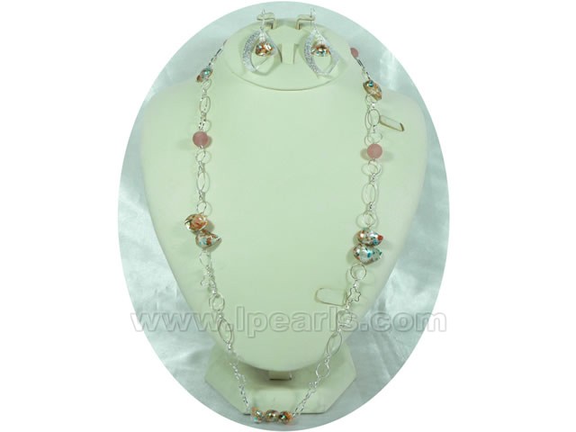 rose quartz and blister pearl necklace and earrings jewelry set