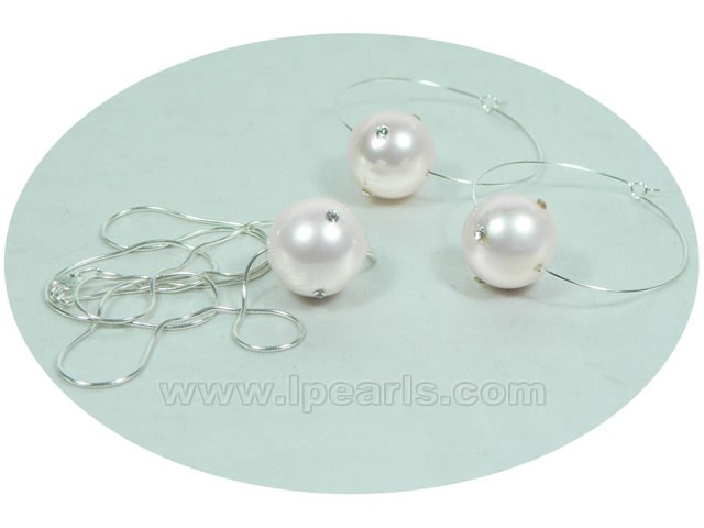Pink shell pearl with zircon pendant and earrings jewelry set