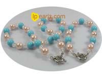 10mm pink and blue shell pearl necklace and bracelet set