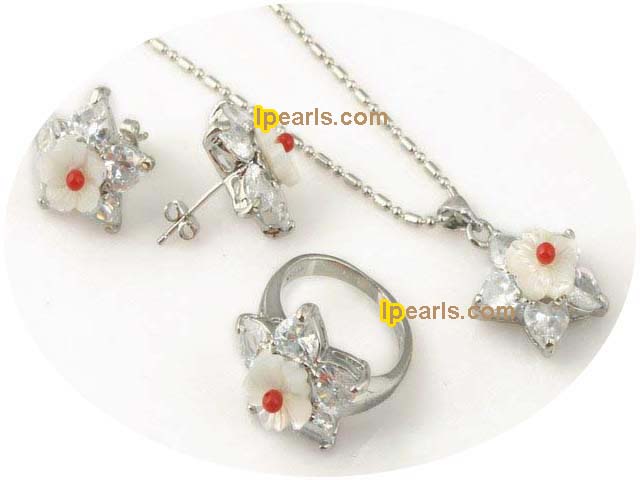 flower carve shell and red coral pendant ring and earrings set