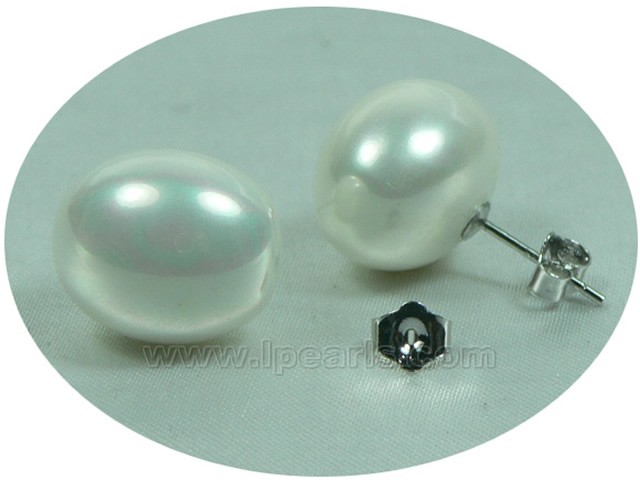 bean shape 13*15mm white color shell pearl earrings