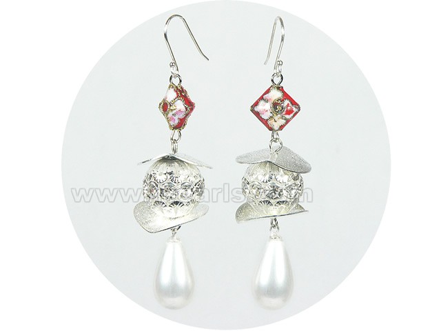 10*18mm white rice shape shell pearl earrings with cloisonnes