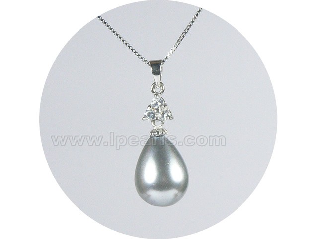 wholesale 10*14mm gray teardrop shell pearl pendant necklace