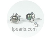 7-7.5mm black bread shape pearl stud earrings