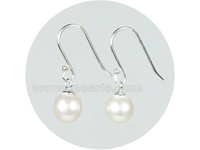 7-8mm white round freshwater pearl dangling earrings