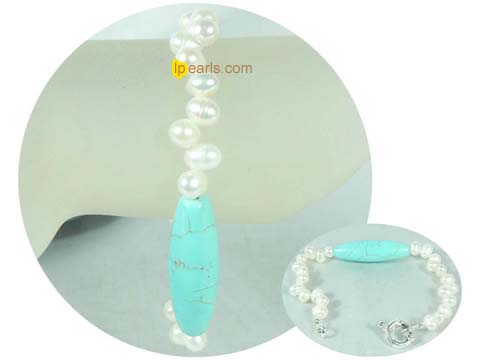 turquoise bracelet with 6-7mm white top drilled pearls