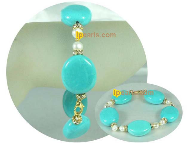 7-8mm white nugget pearl and blue turquoise bracelet
