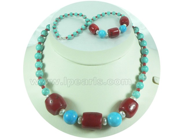 8mm round turquoise necklace with red cylindric coral
