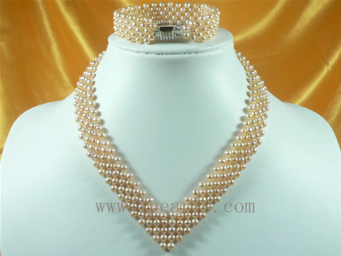 4-5mm pink cultured freshwater pearl necklace-bracelet set