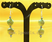 925 sterling silver green coin freshwater pearl dangling earring