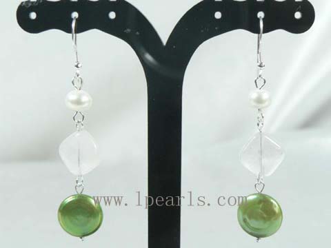 sterling silver dangling earrings with green pearls and crystal