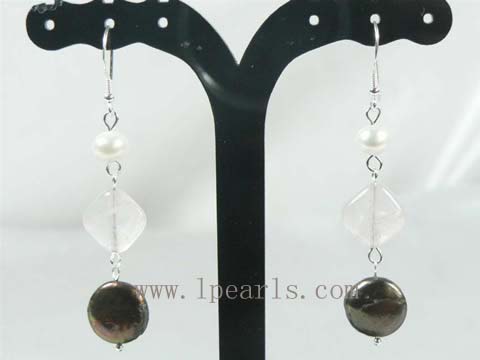 sterling silver dangling earrings with coffee pearls and crystal