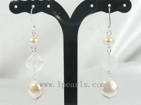 dangling earrings with pink coin pearls and crystal