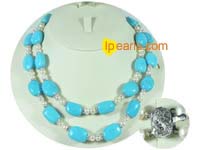 two strand necklace with turquoise beads and 6-7mm round pearls