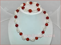 hand knotted white pearl necklace and bracelet set with agates
