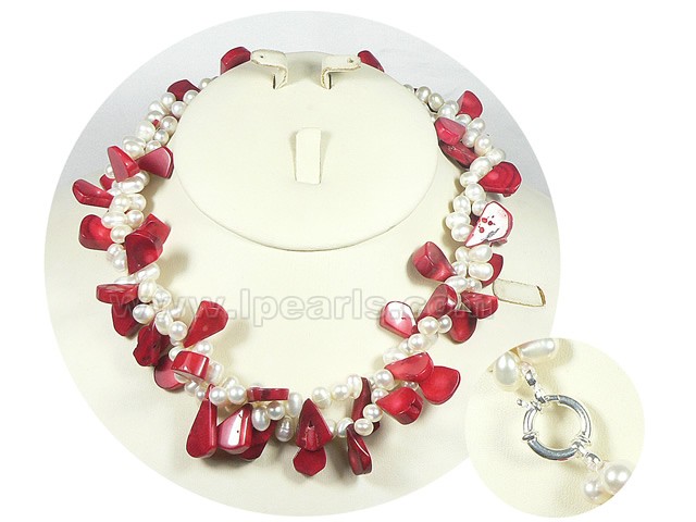 6-7mm white freshwater pearl necklace with coral bead