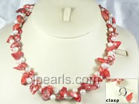Two twisted strands red and white blister pearl necklace