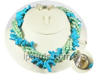 4 twisted strands pearl necklace with turquoise