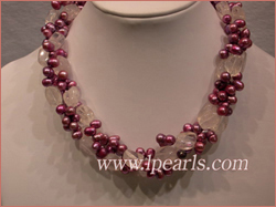 top drilled pearl necklace with rose quarts-3 twisted strands