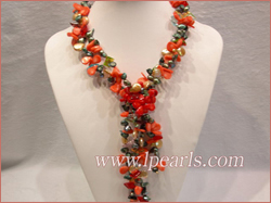 two strands coin and blister pearl necklace with coral beads