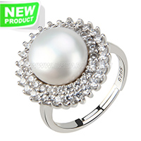 wholesale 925 flower shape bread pearl adjustable ring with zirc