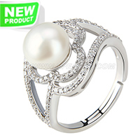 wholesale 925 flower shape bread pearl adjustable ring with zirc