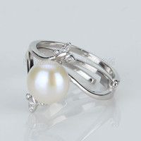 925 sterling silver flower adjustable 9.5-10mm pearl double ring