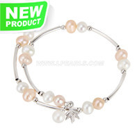 Nice white and pink pearls silver plated adjustable bracelet