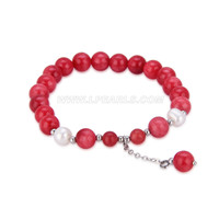 women red jade mix white pearls elastic bracelet 7.5"