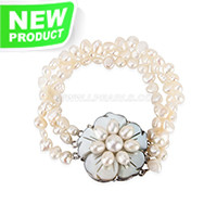 6-7mm 3 rows white pearls shell flower women bracelet 7.5"