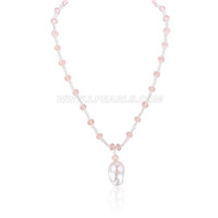 white pink crystal with baroque pearl pendant necklace 18"