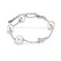 S925 sterling silver CZ 4 Akoya pearls butterfly bracelet