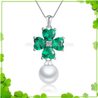 925 sterling silver green CZ clover pearl women pendant necklace